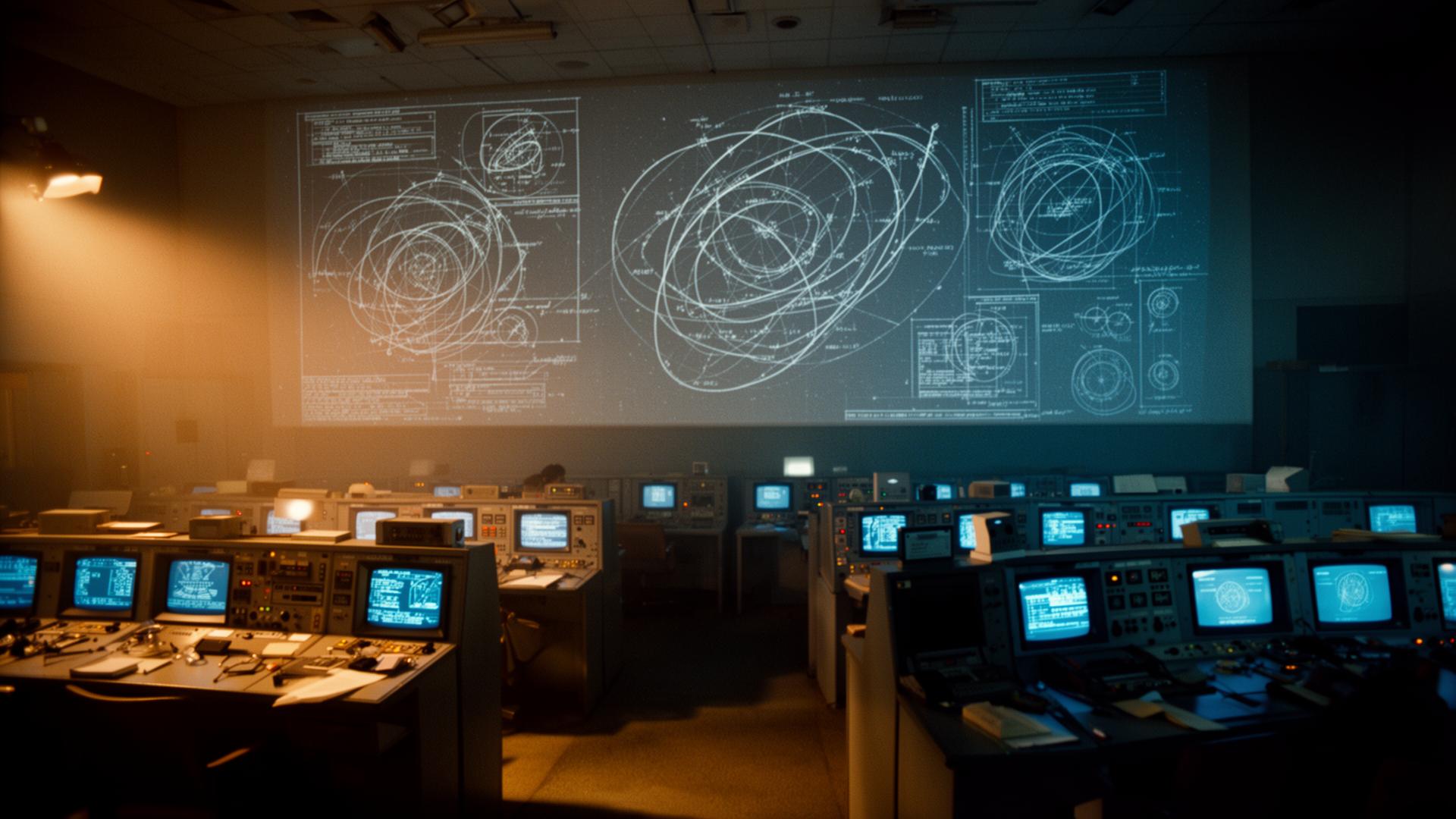 1960s NASA mission control room with rows of consoles, blueprints and orbital diagrams