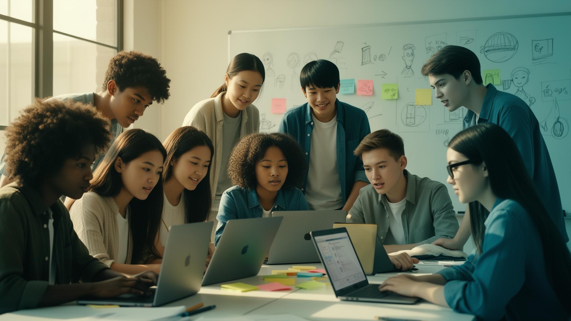 A diverse group of students building projects together with laptops and sketches