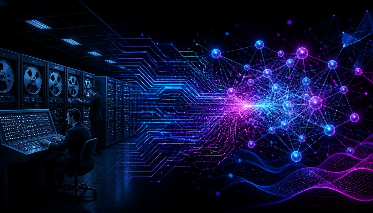 Visual transition from a 1960s mainframe computer to modern artificial intelligence patterns