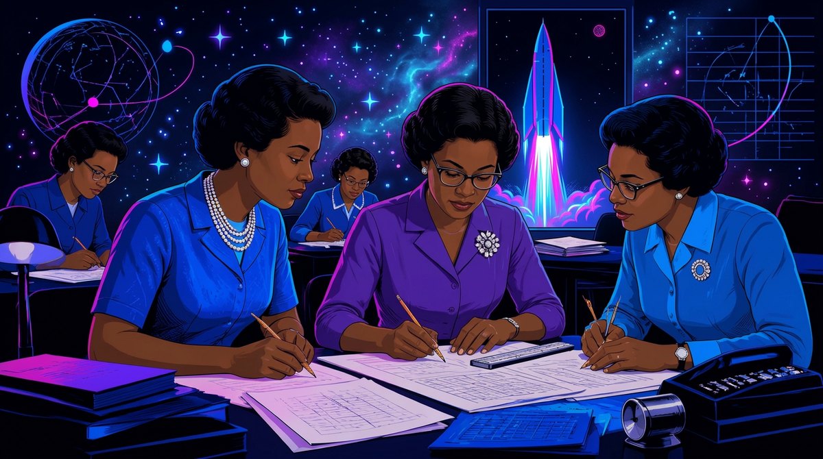 F7-style illustration honoring Black women mathematicians working at 1960s calculation desks